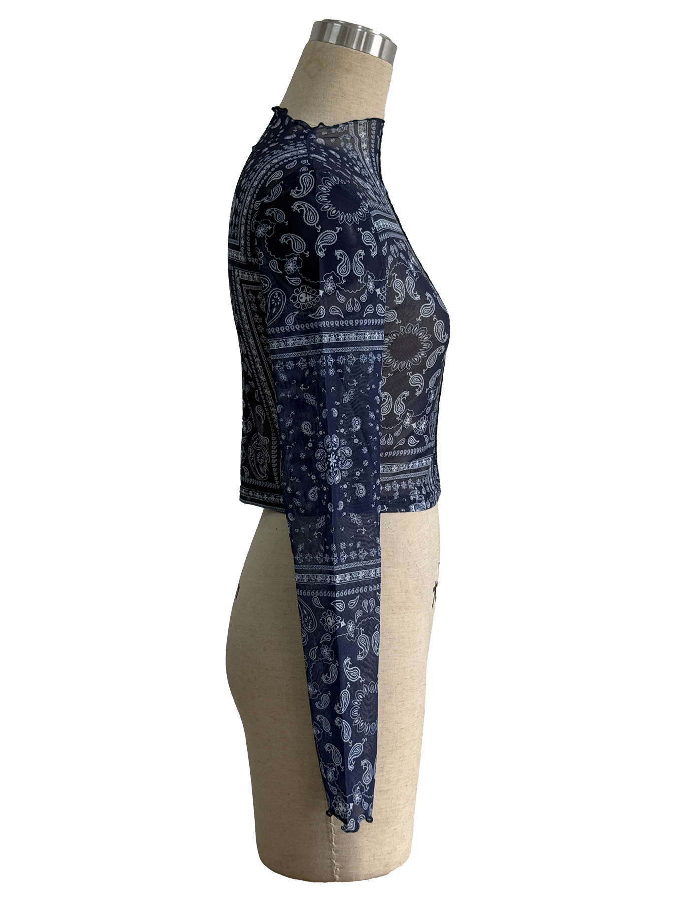 Womens Sheer Mesh T-shirt Long Sleeve Paisley Print Slim Short Tops